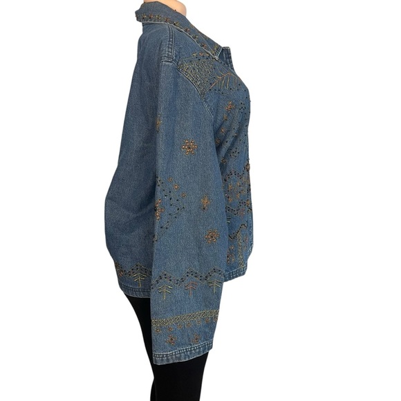 New Direction Vintage Denim Jacket Blue Embroidered Flowers Button Up - Picture 5 of 10